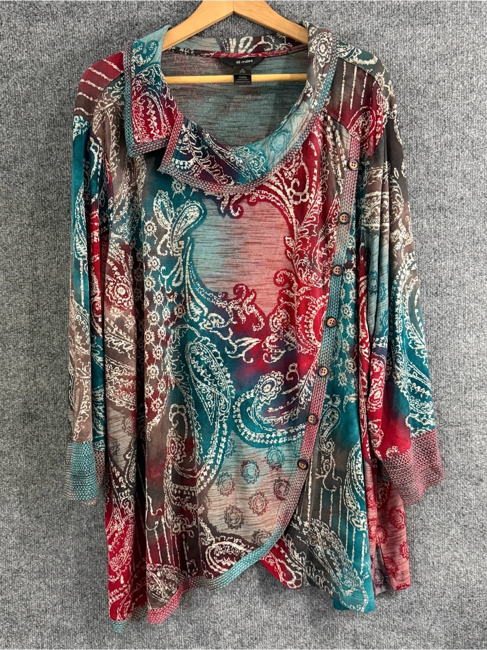 Ali Miles Womens 3X Paisley Cowl Neck Top Multicolor 3/4 Sleeve Button Detail